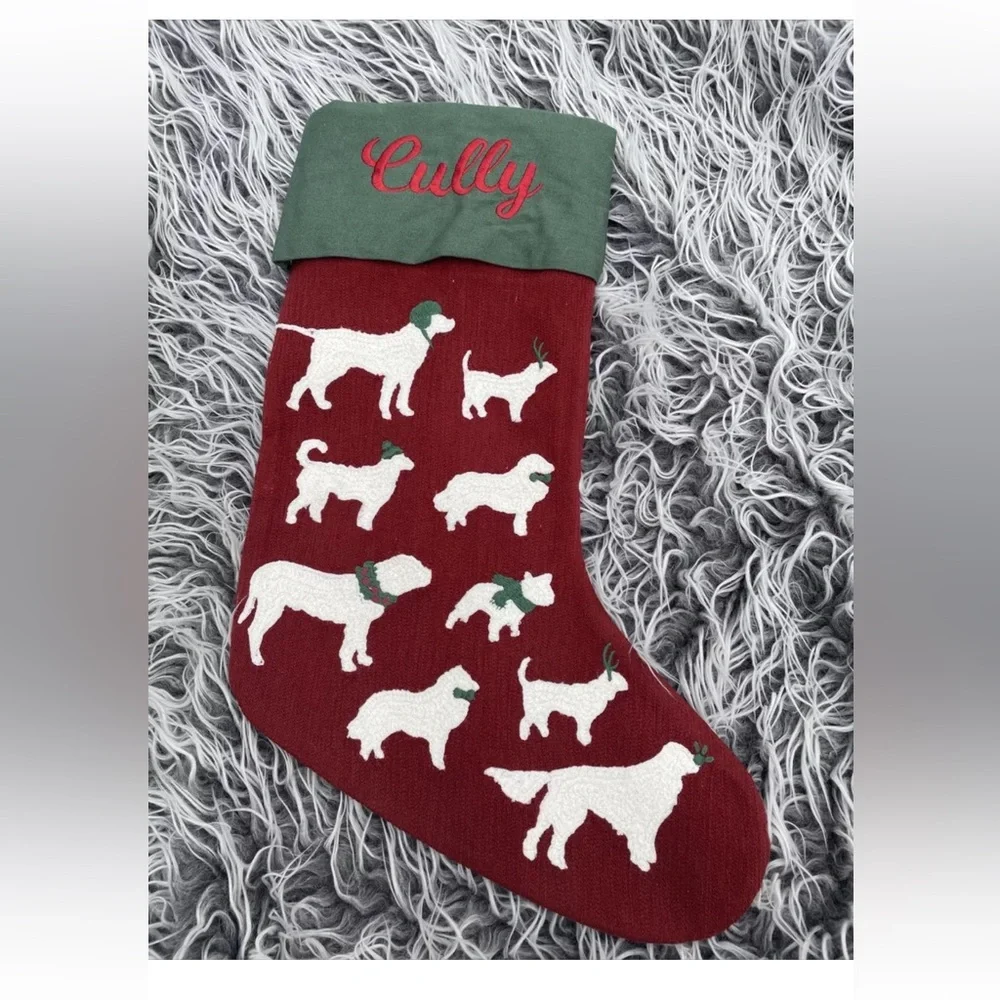 Pottery Barn Dogs Crewel Embroidered Christmas Stocking Monogram Cully